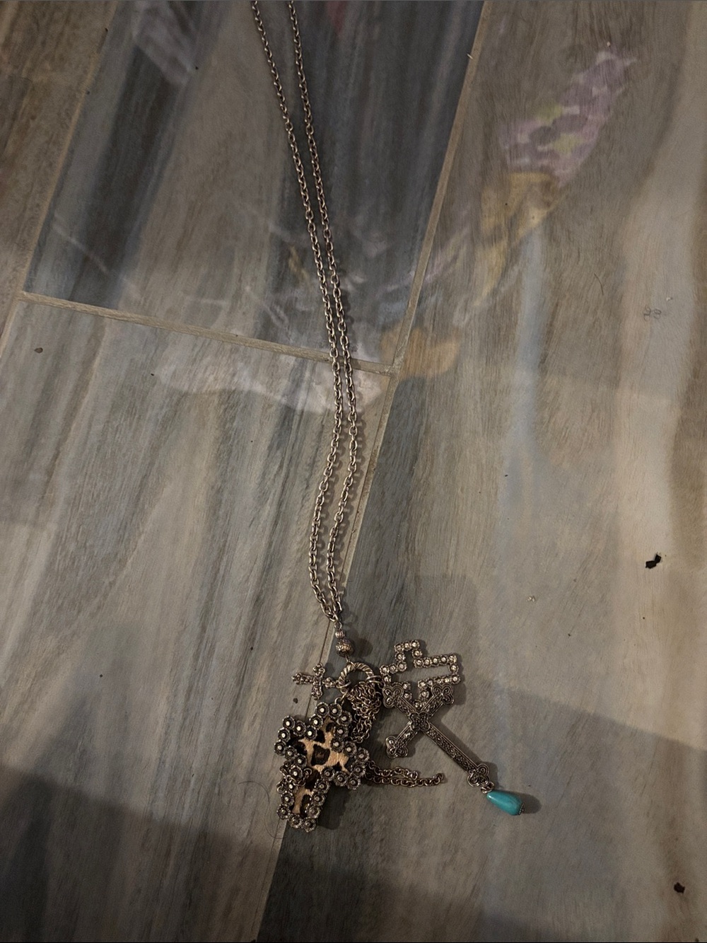 Silver-Tone Cross Pendant Necklace with Turquoise Teardrop